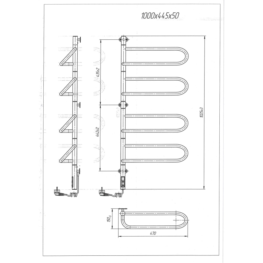 Sähköinen kääntyvä pyyhekuivain ELECTRA 120W/230V 102,5x47,5 cm ruostumaton teräs/kromi, vasenkätinen