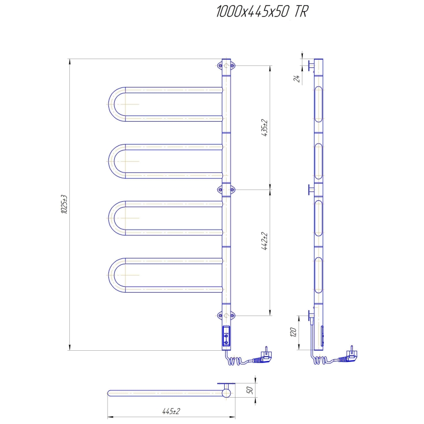 Sähköinen kääntyvä pyyhekuivain TRISTAR 105W/230V 100x44,5 cm IP44 ruostumaton teräs/musta
