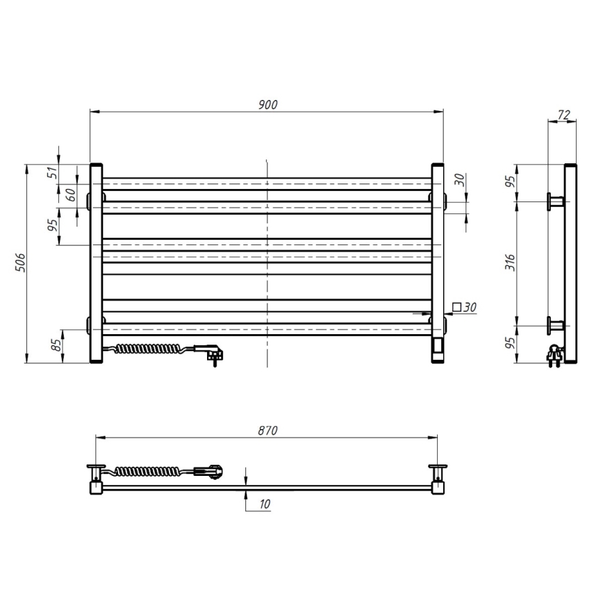 Sähköinen pyyhekuivain termostaatilla AVANGARD 181W 50x90 cm  valkoinen vasen