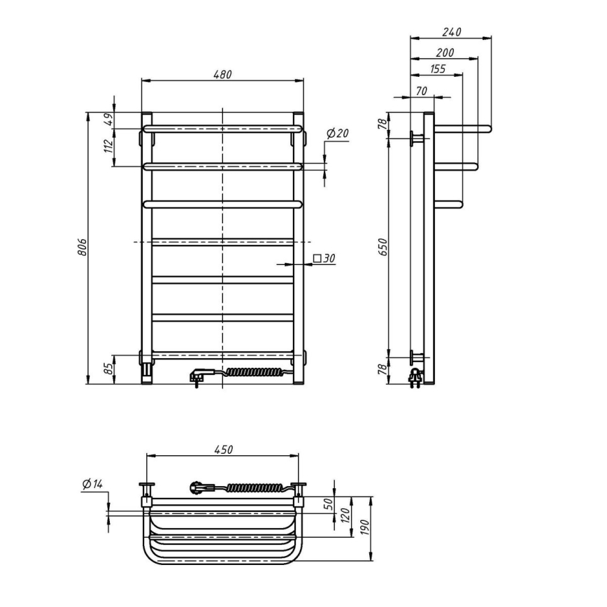 Sähköinen pyyhekuivain termostaatilla FORTIS 155 W 80 x 48 cm valkoinen oikeanpuoleinen