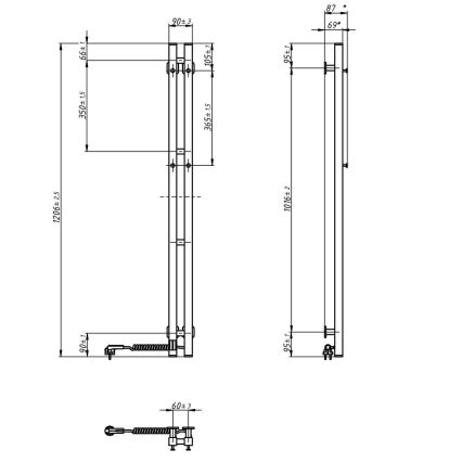 Sähköinen pyyhekuivain termostaatilla SILOUETTE 70W 120x9 cm musta oikeanpuoleinen