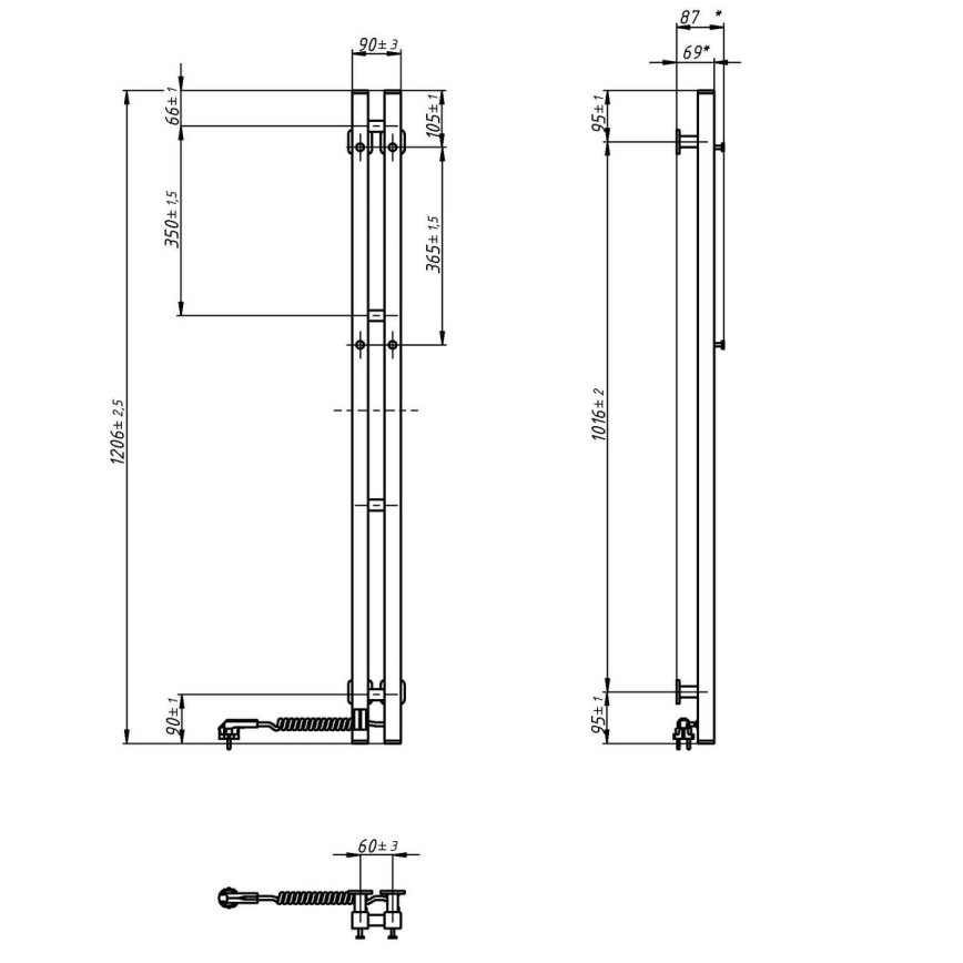 Sähköinen pyyhekuivain termostaatilla SILOUETTE 70W 120x9 cm musta oikeanpuoleinen