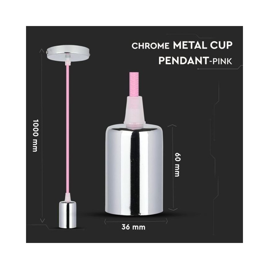 Sähköjohto 1xE27/60W/230V vaaleanpinkki/kiiltävä kromi