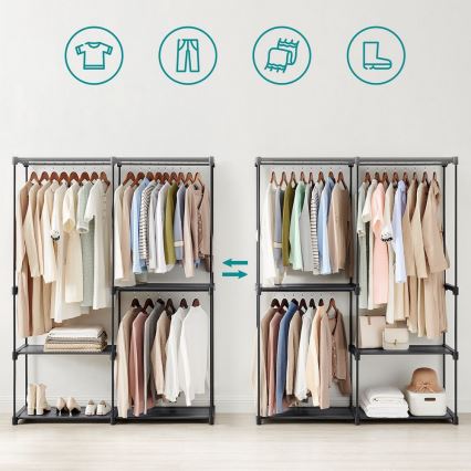 Säilytyskaappi MATIS 138x182 cm, musta, hyllyillä ja vaatetangolla