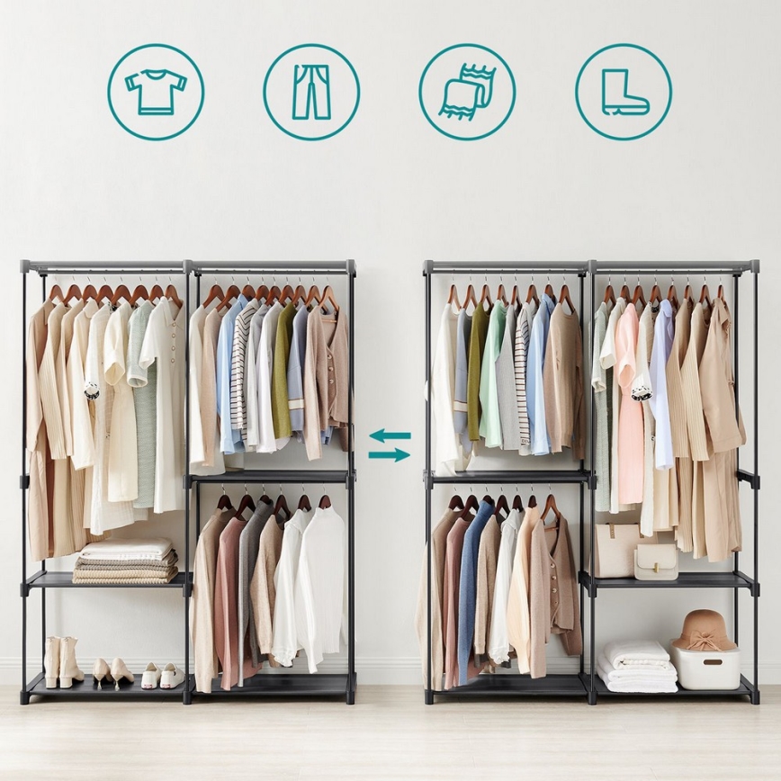 Säilytyskaappi MATIS 138x182 cm, musta, hyllyillä ja vaatetangolla