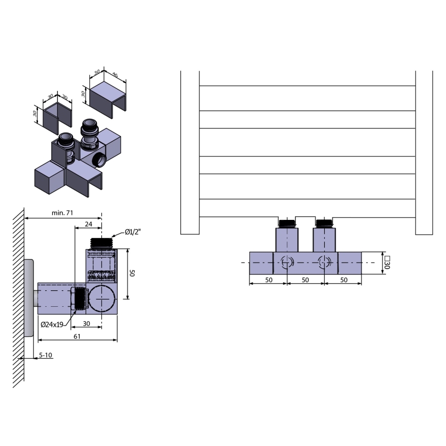 Sapho - CUBE TWIN keskiliitäntään sopiva venttiilisarja, kiiltävä kromi