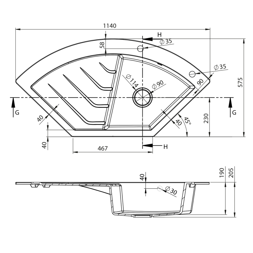 Sapho - Kulmaan asennettava keittiöallas 114x57,5 cm graniitti/beige
