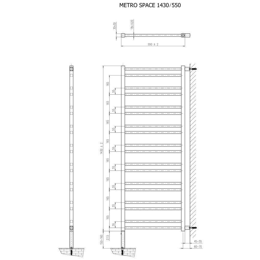 Sapho - Kylpyhuoneen pyyhekuivain METRO SPACE 525 W 55 x 143 cm mattamusta