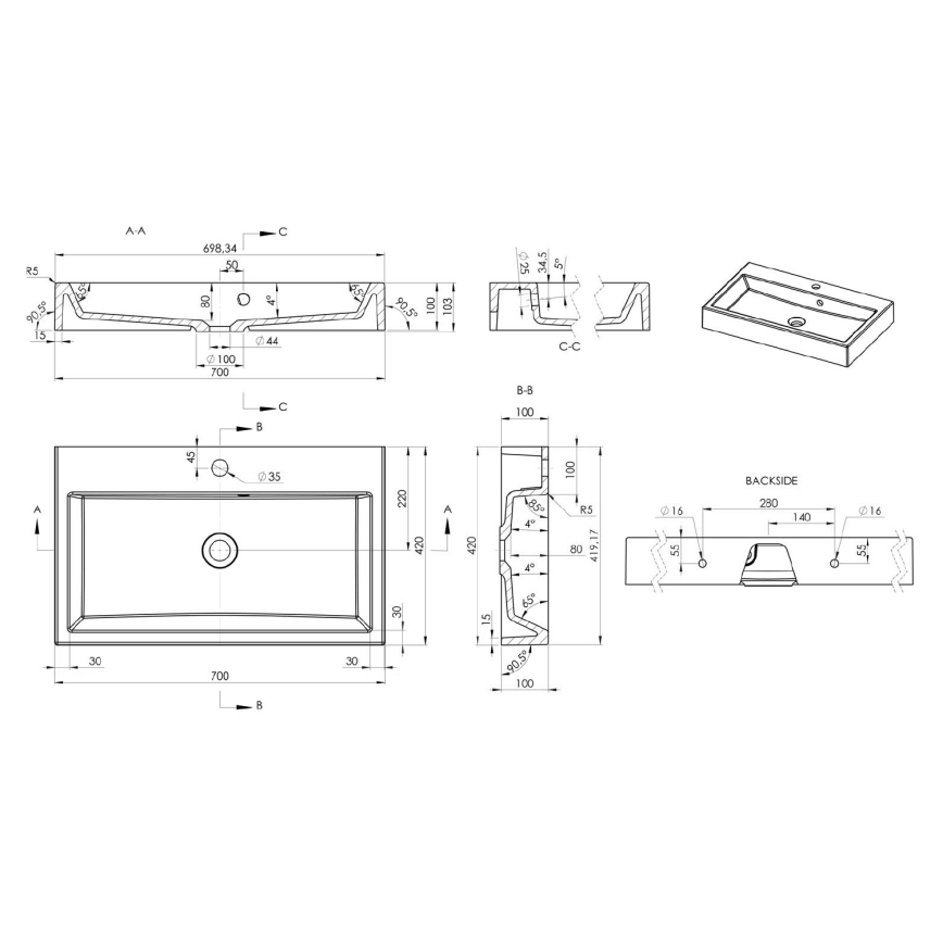 Sapho - Pesuallas pöytätasolle ORINOKO 70x42 cm marmori/valkoinen