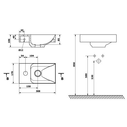 Sapho - Seinälle asennettava pesuallas PICCOLINO 31x17 cm vasen/valettu marmori/valkoinen
