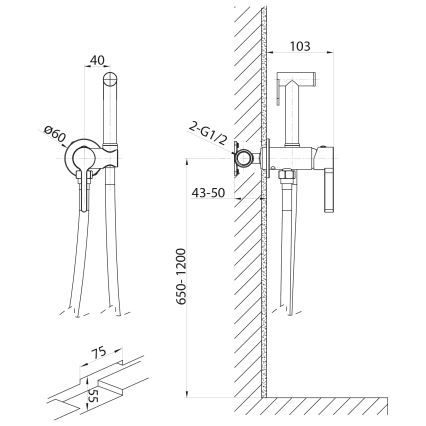 Sapho - Suihkulla varustettu bideehana piiloasennukseen ICONIC pyöreä/matta musta
