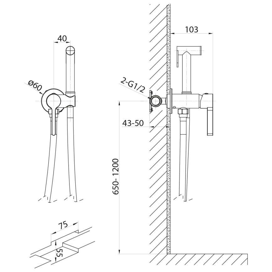 Sapho - Suihkulla varustettu bideehana piiloasennukseen ICONIC pyöreä/matta musta