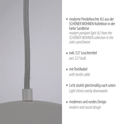 Schöner Wohnen 11728-39 - Riippuvalaisin vaijerilla ALI 1xE27/25W/230V halkaisija 38 cm harmaa