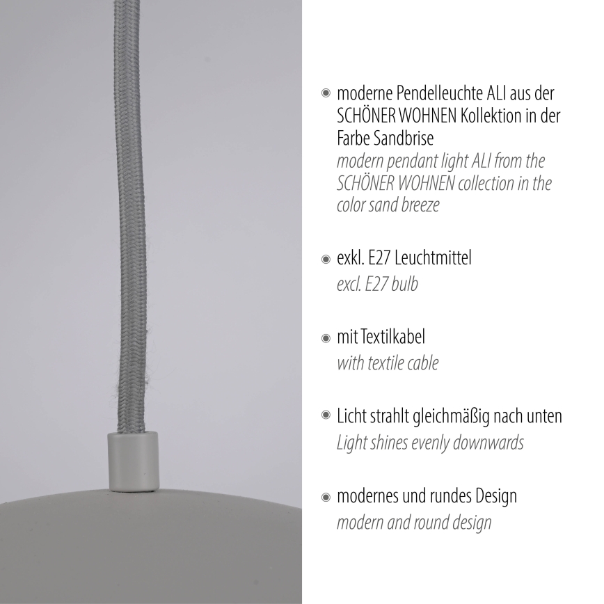 Schöner Wohnen 11728-39 - Riippuvalaisin vaijerilla ALI 1xE27/25W/230V halkaisija 38 cm harmaa