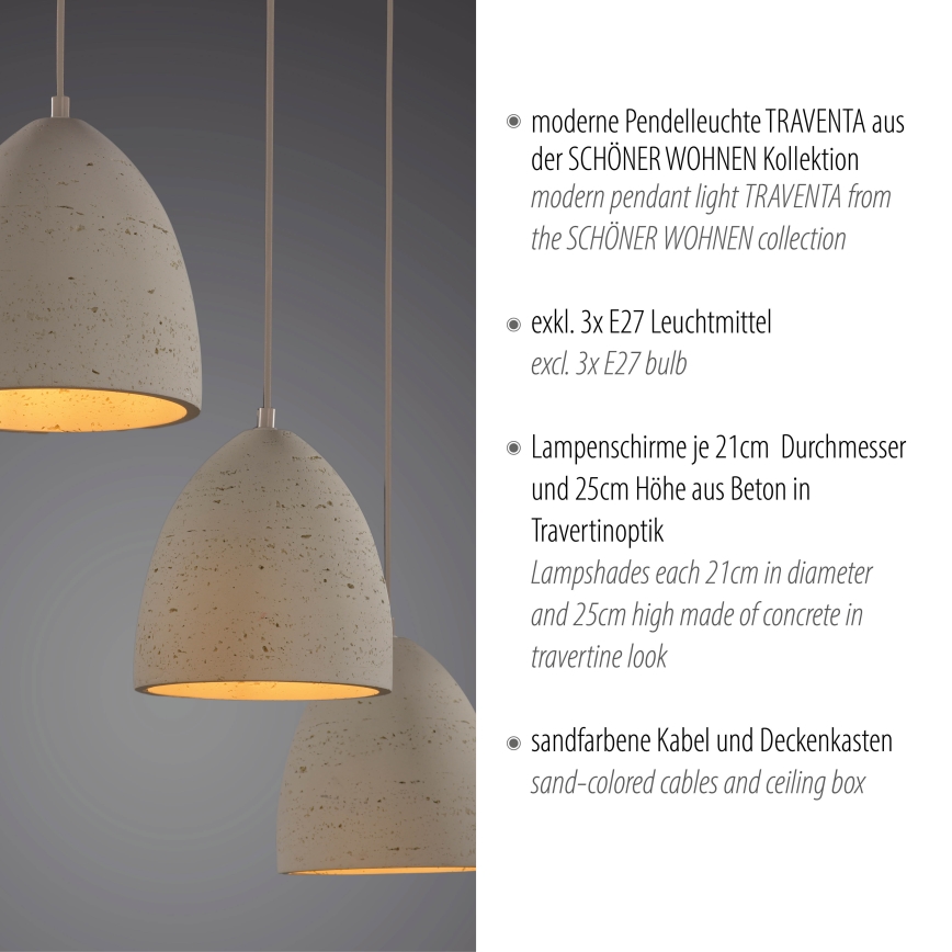 Schöner Wohnen 12541-42 - TRAVENTA-riippuvalaisin johdolla, 3xE27/40W/230V, betoni