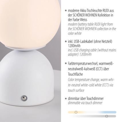 Schöner Wohnen 19218-16 - himmennettävä kosketusohjattu ladattava pöytälamppu RUDI LED/1,2W/5V 3000-6000K 1200 mAh valkoinen