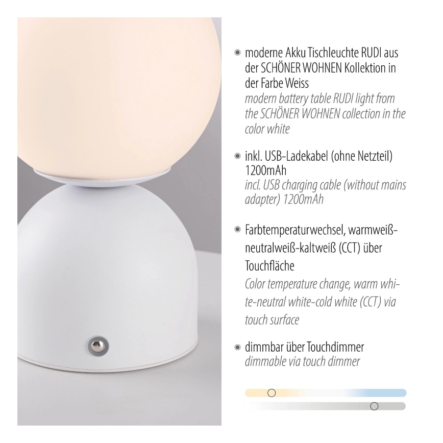 Schöner Wohnen 19218-16 - himmennettävä kosketusohjattu ladattava pöytälamppu RUDI LED/1,2W/5V 3000-6000K 1200 mAh valkoinen