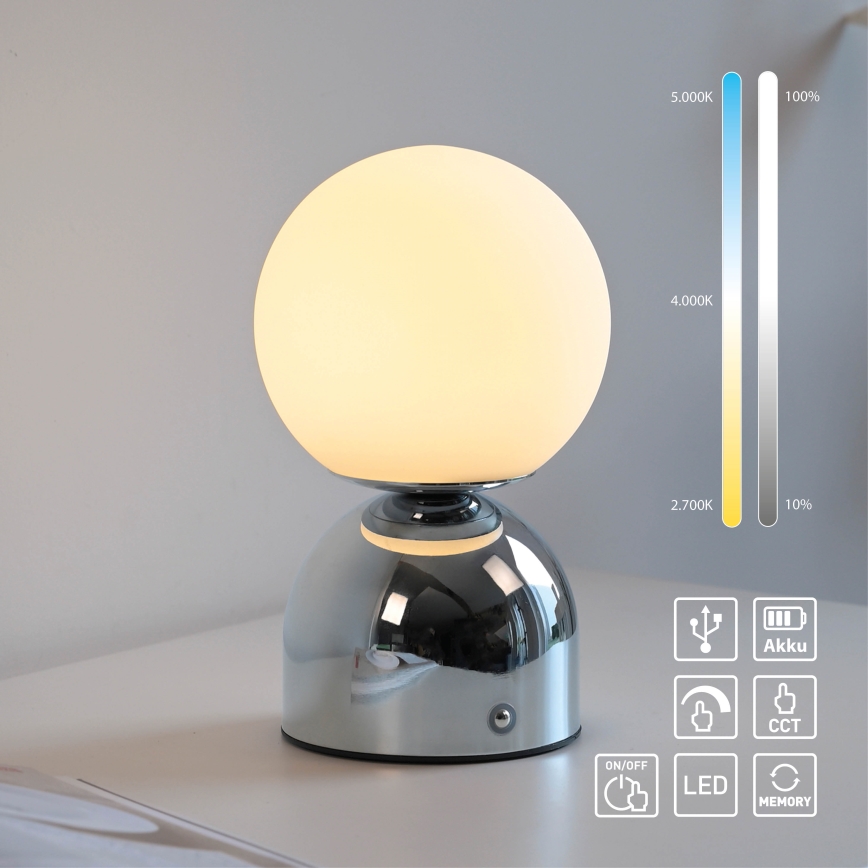 Schöner Wohnen 19218-17 - himmennettävä kosketusohjattu ladattava pöytälamppu RUDI LED/1,2W/5V 3000-6000K 1200 mAh kiiltävä kromi
