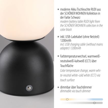 Schöner Wohnen 19218-18 - LED kosketuksella himmennettävä ladattava pöytävalaisin RUDI LED/1,2W/5V 3000-6000K 1200 mAh musta