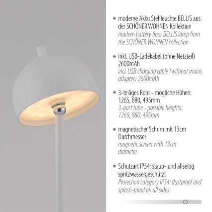Schöner Wohnen 19245-16 - himmennettävä kosketuksella ohjattava ladattava ulkokäyttöön sopiva lattiavalaisin BELLIS LED/2,5W/5V 2600 mAh IP54 valkoinen