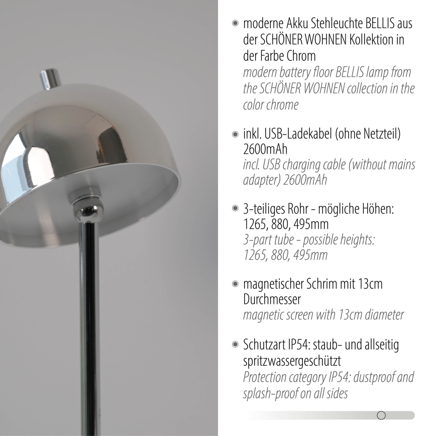 Schöner Wohnen 19245-17 - BELLIS himmennettävä kosketusohjattu ladattava LED-lattiavalaisin ulkokäyttöön LED/2,5W/5V 2600 mAh IP54 kiiltävä kromi