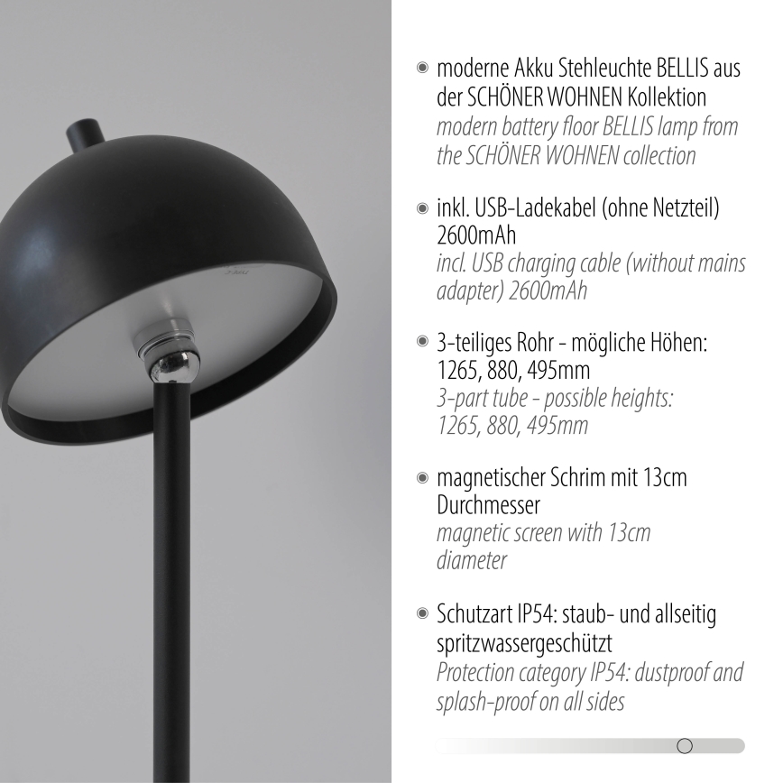 Schöner Wohnen 19245-18 - LED himmennettävä kosketusohjattu ladattava ulkokäyttöön sopiva lattiavalaisin BELLIS LED/2,5W/5V 2600 mAh IP54 musta