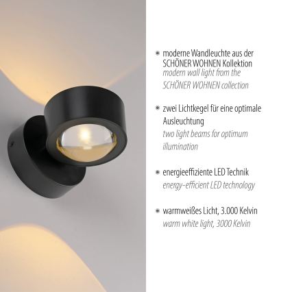 Schöner Wohnen 19331-18 - LED-seinävalaisin CHIA 2xLED/2W/230V musta