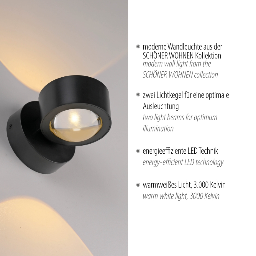 Schöner Wohnen 19331-18 - LED-seinävalaisin CHIA 2xLED/2W/230V musta