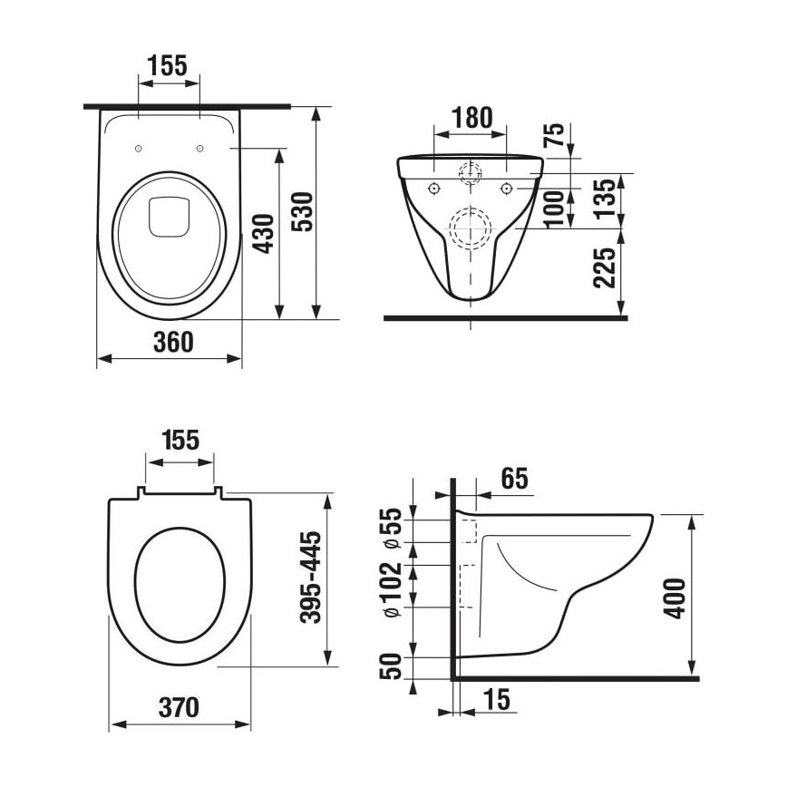 Seinään asennettava WC LYRA + SoftClose WC-istuinkansi LYRA + DUAL-huuhtelupainike + sisäasennettava moduuli + eristealusta