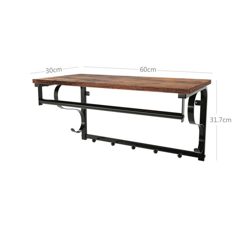 Seinään kiinnitettävä naulakko hyllyllä NATE, ruskea/musta