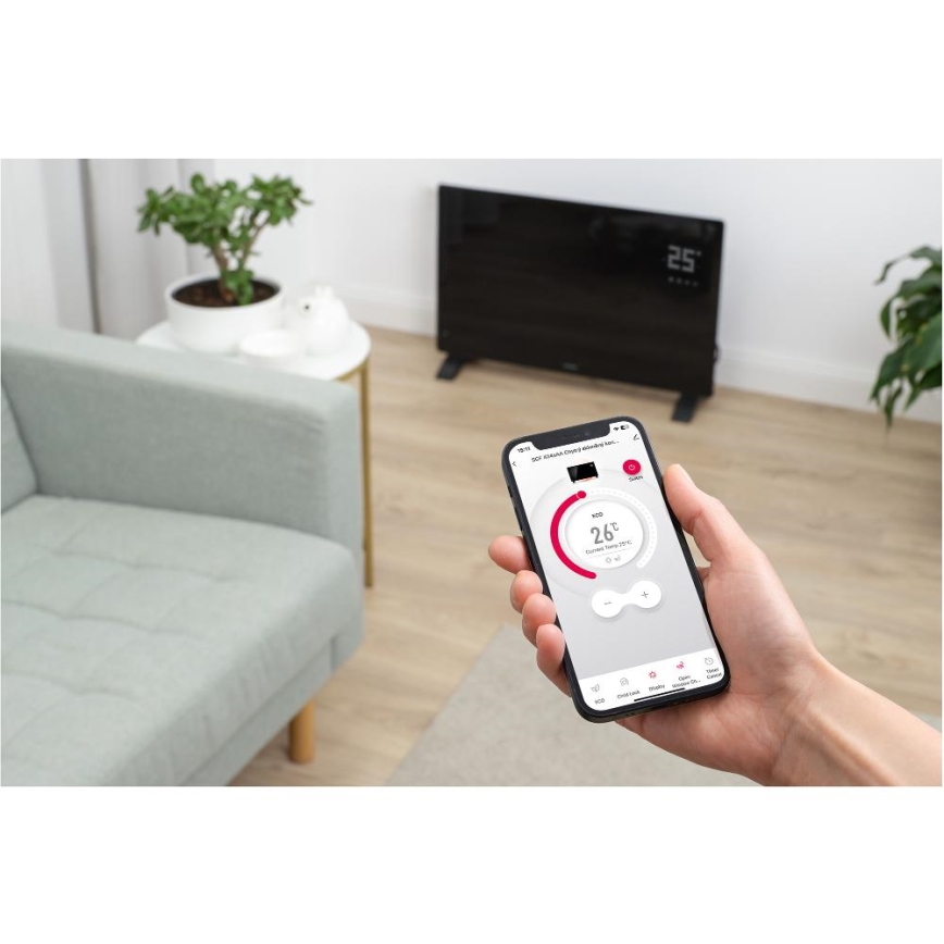 Sencor - Älykäs sähköinen suoralämmitin/konvektori 2000W/230V IP24 Wi-Fi musta + kaukosäädin