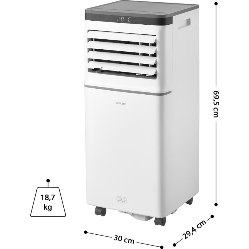 Sencor - Älykäs siirrettävä ilmastointilaite 3-in-1, mukana kaikki lisävarusteet 815W/230V 8000 BTU Wi-Fi valkoinen + kaukosäädin