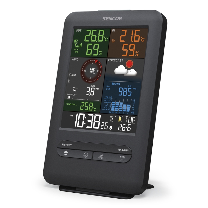 Sencor - Ammattimainen sääasema värillisellä LCD-näytöllä ja Herätyskello 1xCR2032 + 3xAA