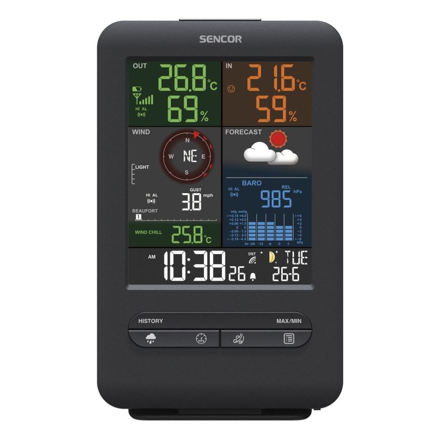 Sencor - Ammattimainen sääasema värillisellä LCD-näytöllä ja Herätyskello 1xCR2032 + 3xAA