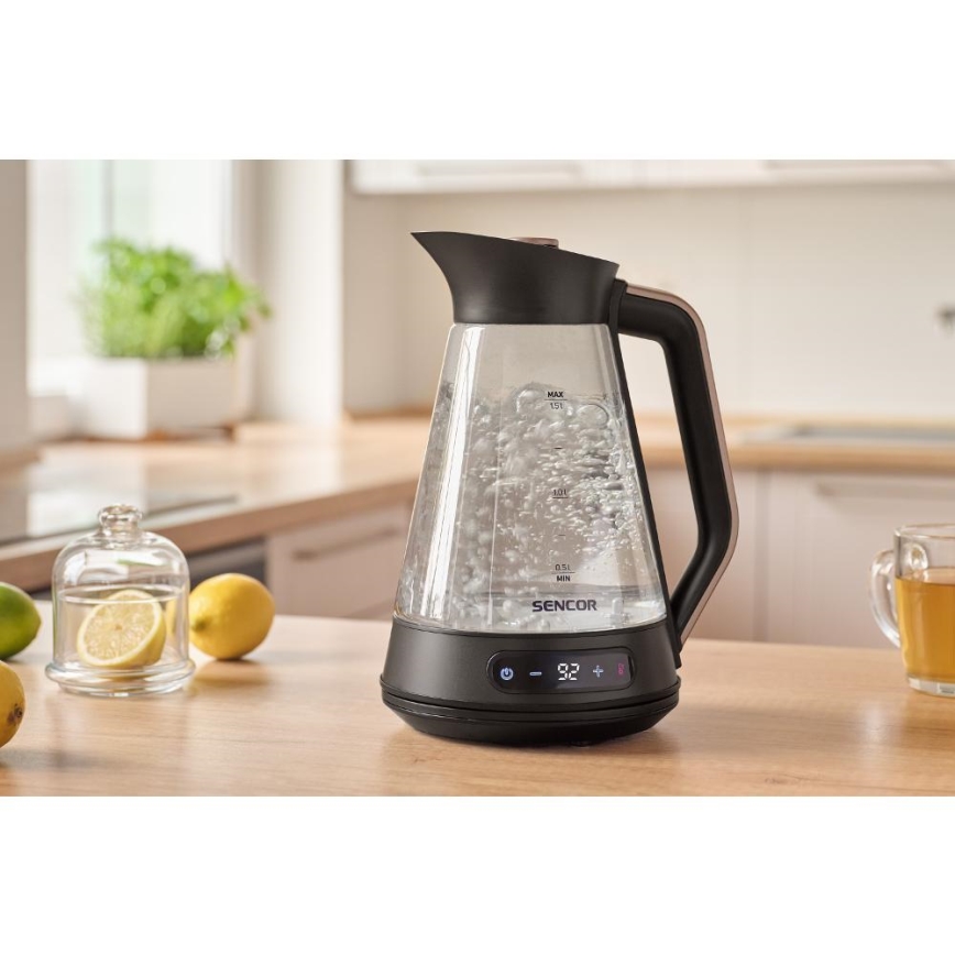 Sencor - nopea vedenkeitin lämpötilansäädöllä, 1,5 l, 2150 W/230 V, musta/ruusukulta