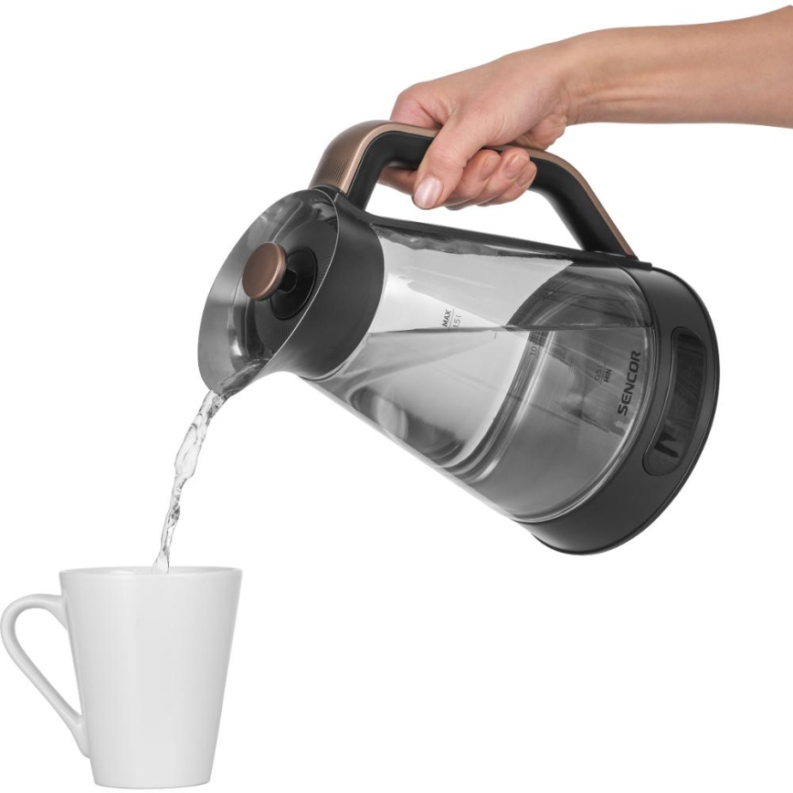 Sencor - nopea vedenkeitin lämpötilansäädöllä, 1,5 l, 2150 W/230 V, musta/ruusukulta