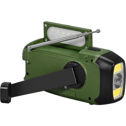 Sencor - Retkiradio veivillä, aurinkopaneelilla ja LED-taskulampulla 5V/2000 mAh IPX4, vihreä