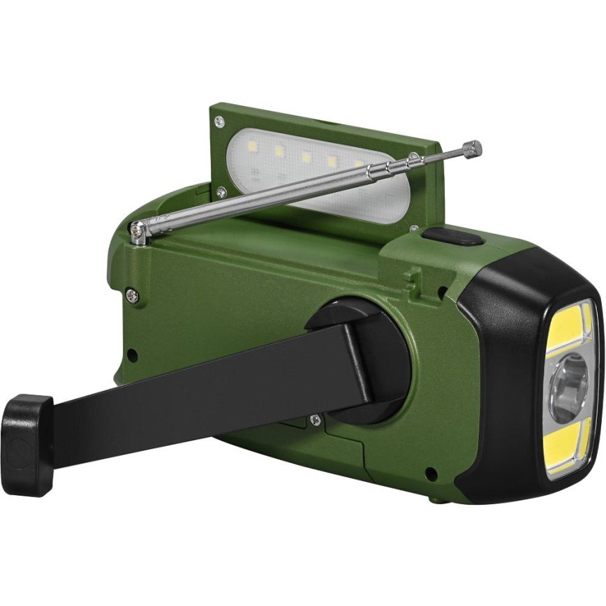 Sencor - Retkiradio veivillä, aurinkopaneelilla ja LED-taskulampulla 5V/2000 mAh IPX4, vihreä