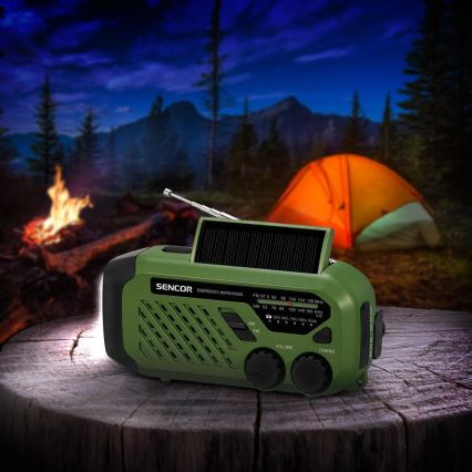Sencor - Retkiradio veivillä, aurinkopaneelilla ja LED-taskulampulla 5V/2000 mAh IPX4, vihreä