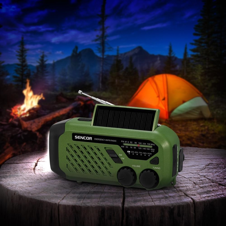 Sencor - Retkiradio veivillä, aurinkopaneelilla ja LED-taskulampulla 5V/2000 mAh IPX4, vihreä