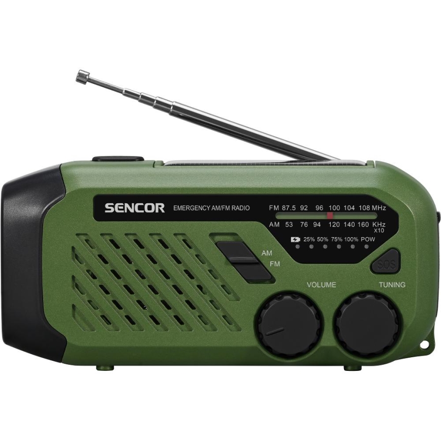 Sencor - Retkiradio veivillä, aurinkopaneelilla ja LED-taskulampulla 5V/2000 mAh IPX4, vihreä