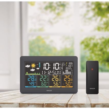 Sencor - Sääasema värillisellä LCD-näytöllä + 3 anturia 3xAA + 6xAA musta