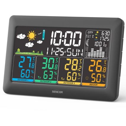Sencor - Sääasema värillisellä LCD-näytöllä + 3 anturia 3xAA + 6xAA musta