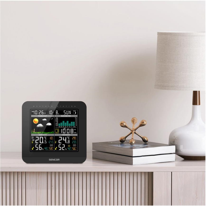 Sencor - Sääasema värillisellä LCD-näytöllä ja Herätyskello 3xAAA + 2x AA musta
