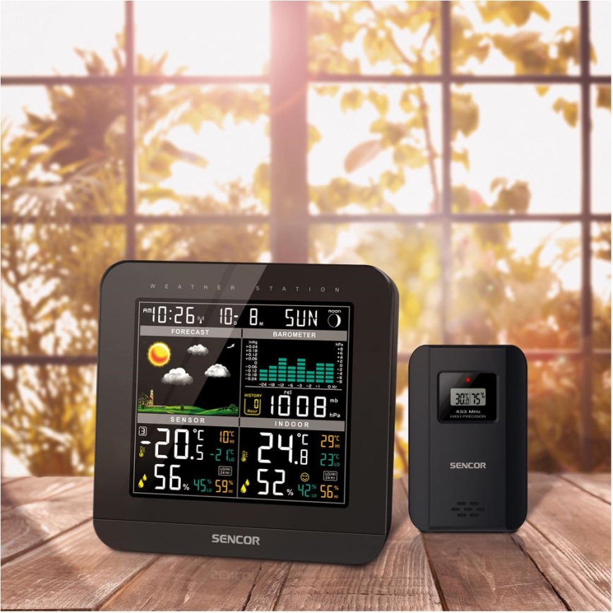 Sencor - Sääasema värillisellä LCD-näytöllä ja Herätyskello 3xAAA + 2x AA musta