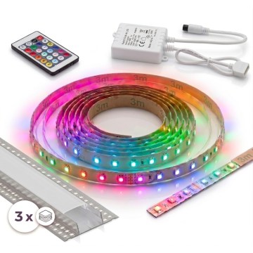 Setti 1x himmennettävä LED RGBW-valonauha DIGITAL LED/9,6W/230V 3 m + 3x upotettava profiili 1 m hopea/valkoinen + kaukosäädin