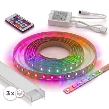 SETTI 1x himmennettävä RGBW-LED-nauha DIGITAL LED/9,6W/230V 3 m + 3x upotettava profiili 1 m hopea/valkoinen + kaukosäädin