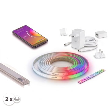 SETTI 1x himmennettävä RGBW-LED-nauha Philips Hue WHITE AND COLOR AMBIANCE LED/20W/230V 2 m + 2x upotettava profiili 1 m hopea/valkoinen
