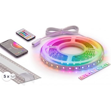 SETTI 1x LED RGBW himennettävä nauha NEO LITE MUSIC LED/24W/230V 5 m IP65 Wi‑Fi Tuya + 5x upotettava profiili 1 m hopea/valkoinen + kaukosäädin