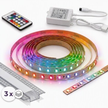SETTI 1x LED RGBW himmennettävä LED-nauha DIGITAL LED/9,6W/230V 3 m + 3x uppoasennusprofiili 1 m hopea/valkoinen + kaukosäädin